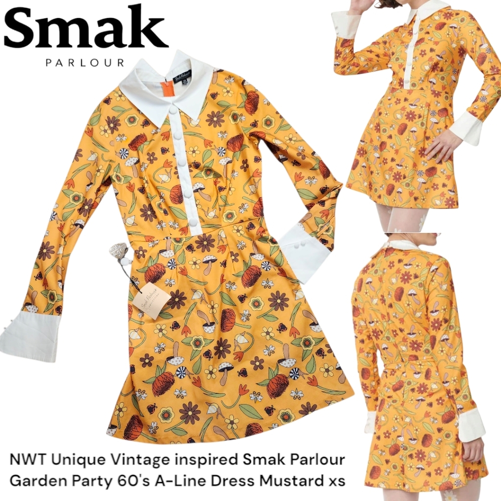 NWT Unique Vintage Smak Parlour Garden Party 60's A-Line Dress Mustard Women xs